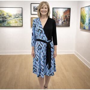 Bob Mackie Asymmetrical Stretch Faux Wrap Dress Womens Large Black Blue Print